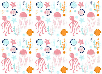 sea world (whale, fish, jellyfish, squid, star, seashell, algae, coral), vector illustration