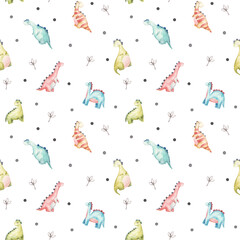 Obraz premium seamless pattern with cartoon dinosaurs, watercolor illustration on white background