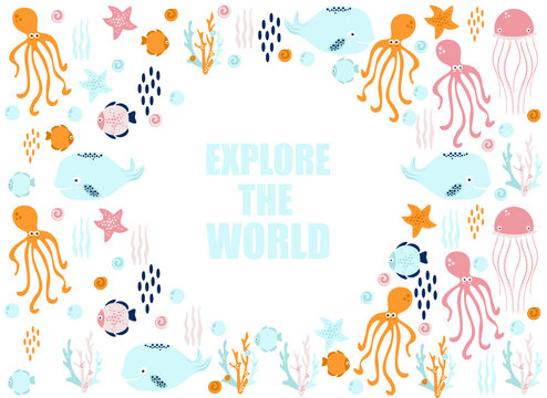poster of the sea world, vector illustration of fish, whale, jellyfish, squid, stars, seashells, corals