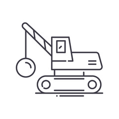 Fototapeta na wymiar Demolition crane icon, linear isolated illustration, thin line vector, web design sign, outline concept symbol with editable stroke on white background.