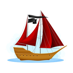Wooden Pirate Ship or Vessel with Red Sail Vector Illustration