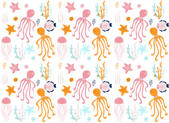 sea world (whale, fish, jellyfish, squid, star, seashell, algae, coral), vector illustration