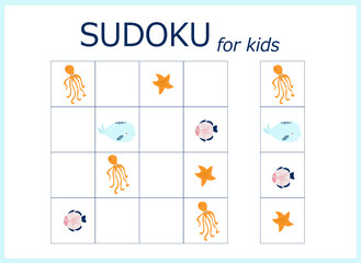 sudoku for kids. Sudoku. Children's puzzles. Educational game for children. sea world