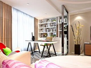 3D RENDER OF READING AND STUDY ROOM