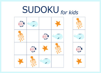 sudoku for kids. Sudoku. Children's puzzles. Educational game for children. sea world