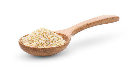 sesame seeds in wooden spoon on white background