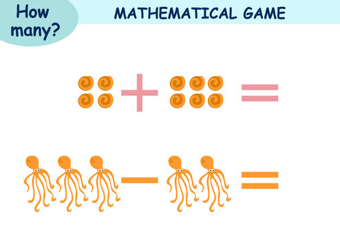 mathematical examples of addition and subtraction. educational page for children. sea world