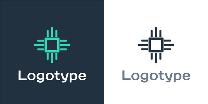 Logotype Computer processor with microcircuits CPU icon isolated on white background. Chip or cpu with circuit board. Micro processor. Logo design template element. Vector Illustration.