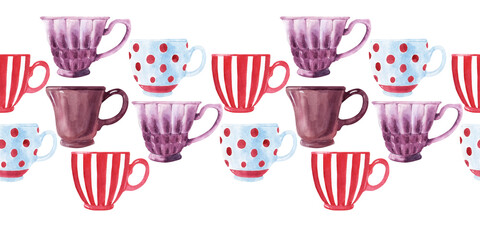 Watercolor seamless borders on the theme of tea drinking with colorful teapots, mugs, tea bags, teaspoons