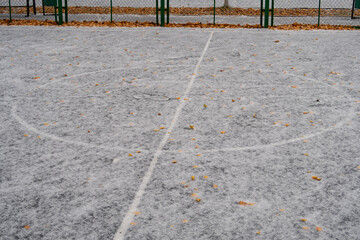 Yellow fallen leaves near the green metal fence of the sports ground covered with ice, the...