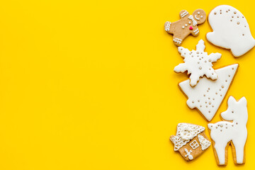 Top view of Christmas gingerbread cookies on kitchen table, top view