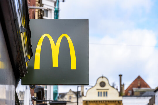 Northampton UK October 5, 2017: Mcdonalds Fast Food Logo Sign In Northampton Town Centre.