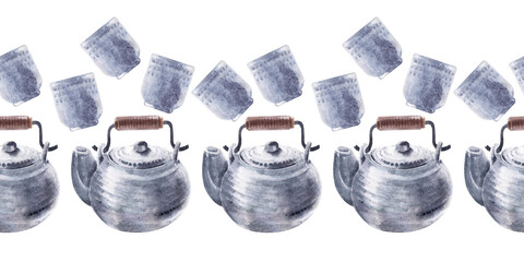 Watercolor seamless borders on the theme of tea drinking with colorful teapots, mugs, tea bags, teaspoons