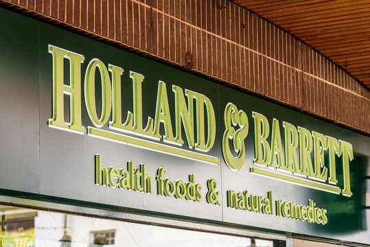 Northampton UK October 5, 2017: Holland and Barrett supplements logo sign in Northampton town centre.