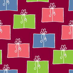 Seamless pattern with cute hand-drawn gift boxes.