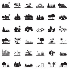Landscape Icons. Black Flat Design. Vector Illustration.