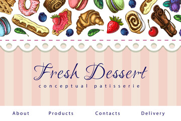 bakery illustration. pastry banner, background, sweets shop landing page template. horizontal border, lace frame with desserts and place for text. for package design, patisserie poster, pastry label.