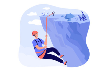 Happy mountaineer climbing rocky mountain, holding rope and hanging down from cliff. Vector illustration for extreme sport, risky activity, climber concept