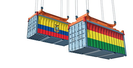 Freight containers with Ecuador and Bolivia national flags. 3D Rendering 