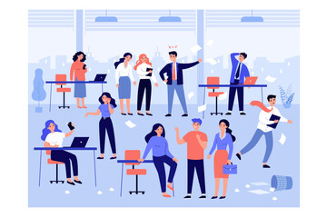 Angry boss shouting at lazy, unorganized employees about mess and disorder at workplaces. Vector illustration for chaos in office, corporate conflict, discipline problems concept