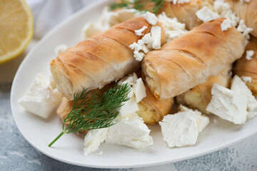 Close-up of greek baked mini filo rolls filled with feta, selective focus, studio shot