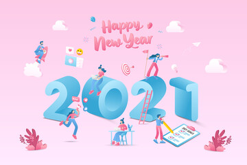 Happy new year 2021. 2021 business goals concept illustration