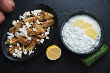 Greek style potato wedges with feta cheese and tzatziki sauce, flatlay on a black stone background, horizontal shot