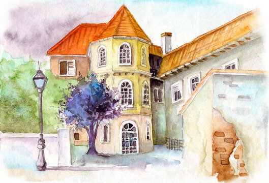 Watercolor illustration of an old beautiful house with orange tiled roof, arched mullioned windows and blooming tree in the yard