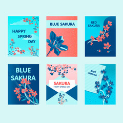Obraz na płótnie Canvas Sakura greeting card designs with best wishes. Creative postcards with blooming flowers on branch. Japan and spring day concept. Template for promotional postcard or brochure