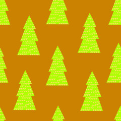 Obraz premium Pine trees on orange background, Modern geometric hand drawn design. Simple Christmas tree seamless pattern.