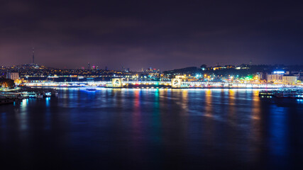 Night view of illuminated Galata bridge, Istanbul, Turkey
