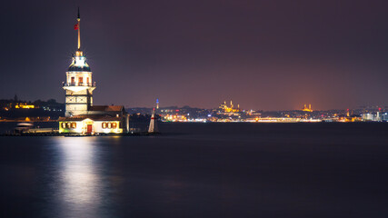 night view of Kiz Kulesi, Istanbul, Turkey