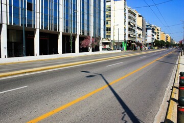 Empty Suggrou Avenue, one of the most crowded streets of Athens due to Coronavirus quarantine measures - Athens, Greece, March 21 2020.