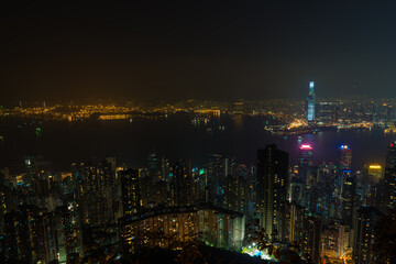 Fototapeta na wymiar Top view of skyscrapers in city of Hong Kong perspective view business concept, Cityscape at night