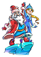 Cartoon Russian Santa Claus and snow maiden stand on an ice floe holding hands