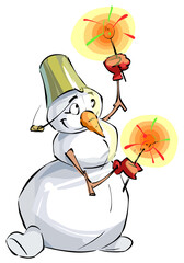 Funny cartoon snowman lights sparklers and smiles