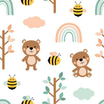 Seamless pattern Bear bees honey vector illustration. Pink and blue trees cloud rainbow