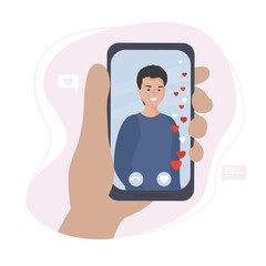 Dating and Communication online. Virtual romantic date. Love during quarantine. Meeting in a video chat through the application for smartphones in social networks. flat vector illustration.
