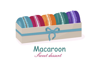 French sweet macaroons. Tasty multicolored cakes in cardboard packaging with ribbon. Delicious dessert. A good present for any holiday.