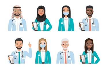 Group of doctors, nurses and medical staff people. Different nationalities. Hospital medical team concept. People character set