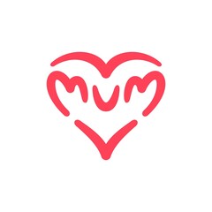 I love mum logo, Mum letters with abstract heart ribbon made from brush stroke, icon design. Illustration isolated on white background. Love mum concept. Happy mother's day