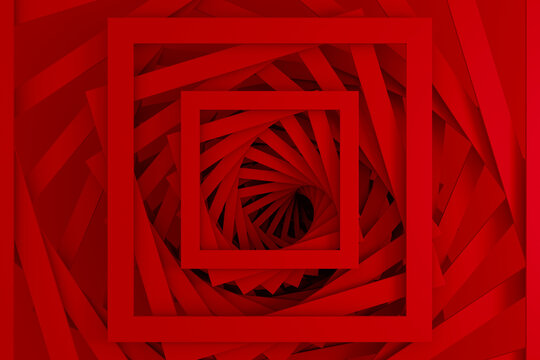 Abstract three-dimensional minimal bright red texture from a set of straight square borders of spiraling steps. 3D illustration