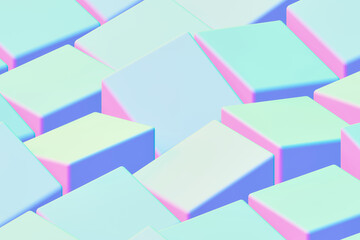 Abstract gradient blue, green and pink cubes background; close up of pastel block pattern; simple square block geometric structure; perspective view; 3d rendering, 3d illustration