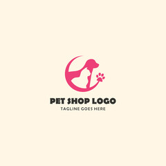 Vector Pet Shop logo design template. Modern animal icon label for store, veterinary clinic, hospital, shelter, business services. Flat illustration background with dog and cat heads