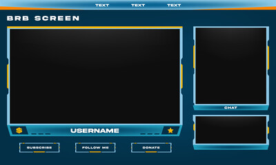Stream Overlay BRB Screen Blue and Yellow theme with Chat Box, Panel Design, Minimalist Design, Vector Illustration