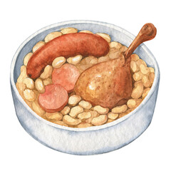 Cassoulet with goose meat, pork sausage, and beans in the pot. Hand drawn watercoor illustration isolated on white background.