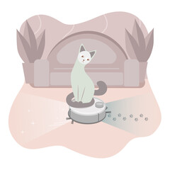 Cat sitting on the Automatic Cleaner and looking how it cleaning. Robot Vacuum Cleaner cleaning the room. Automatic equipment helping in household. Vector illustration.