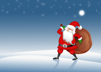 Santa Claus in traditional outfit carrying huge sack of presents walking across snowy winter landscape beneath a cold blue evening sky with moonlight casting a his shadow, with space for illustration.