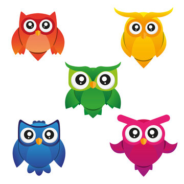Cute cartoon owls set. Contains 5 owls in different color.