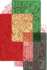 Abstract picture of school on colored background of doodle pattern